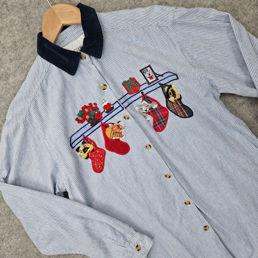 Casey & Max Button Up Shirt Blue Striped Small Christmas Cat Stocking Embroidery